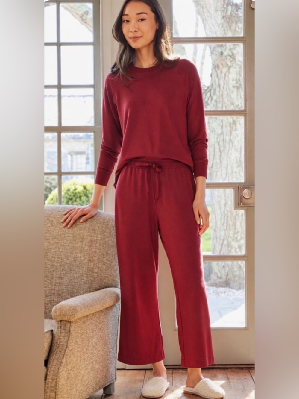 LAKE Pajamas Modal 2 Piece Set Burgundy Red Size L Relaxed Wide Leg Pants & Top
